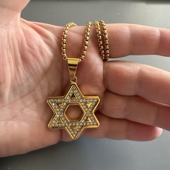 Stainless Steel Jewish Faith Star of David Necklace Bar Mitzvah Gold Zirconia - Picture 5 of 6